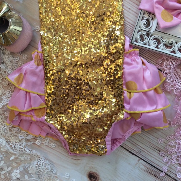Boutique Baby Pink Gold Sequin Romper - Picture 3 of 6